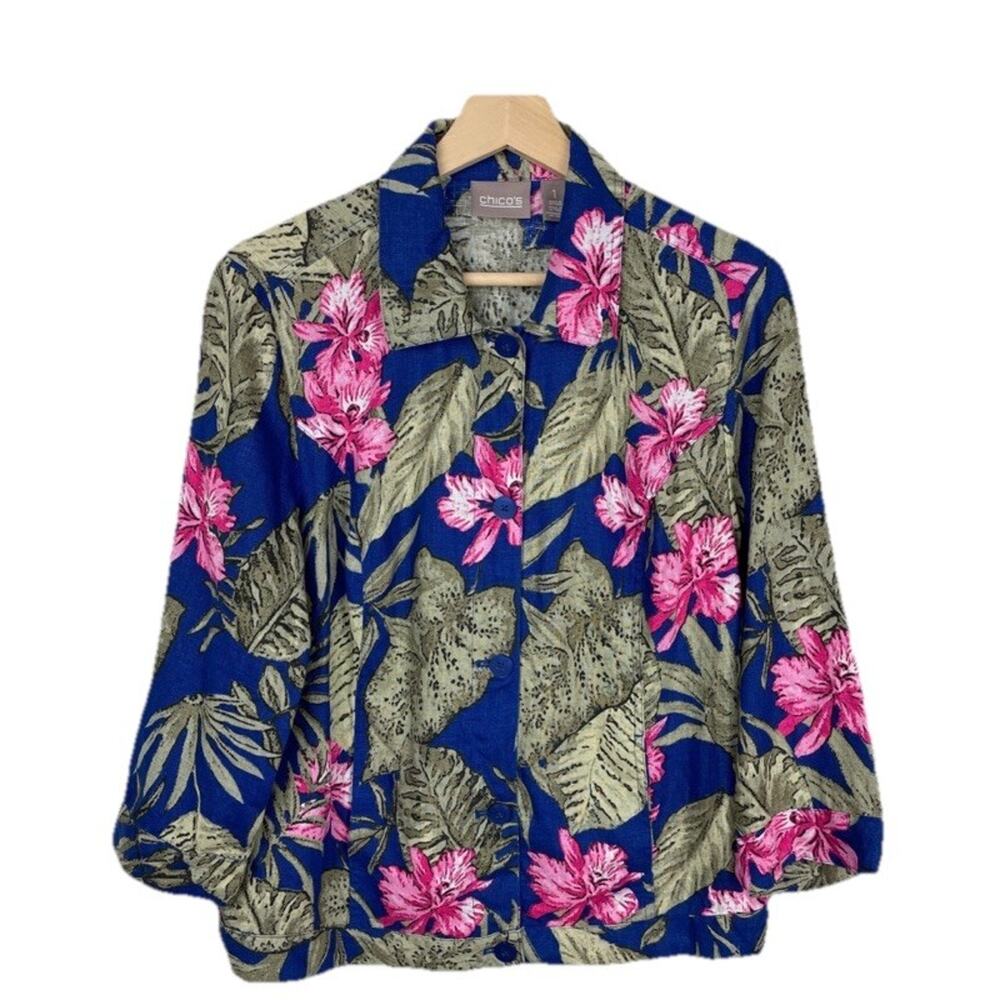 Chico's 100% Linen Tropical Floral Pattern Button Front Jacket Size 14 (US 14)